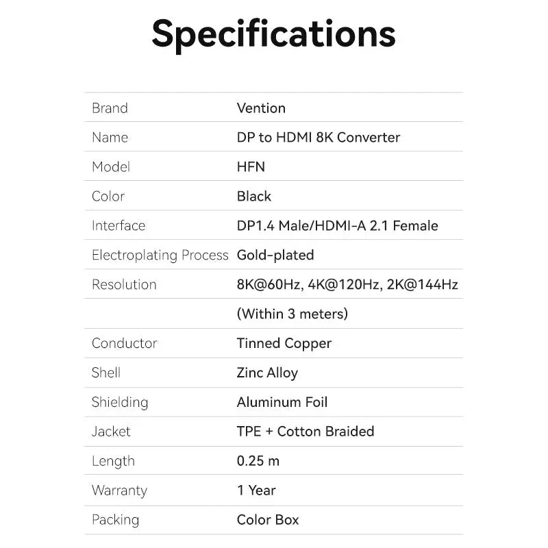 Vention Cotton Braided DP Male to HDMI™ Female 8K Converter 0.25M Black Zinc Alloy Type - Vention