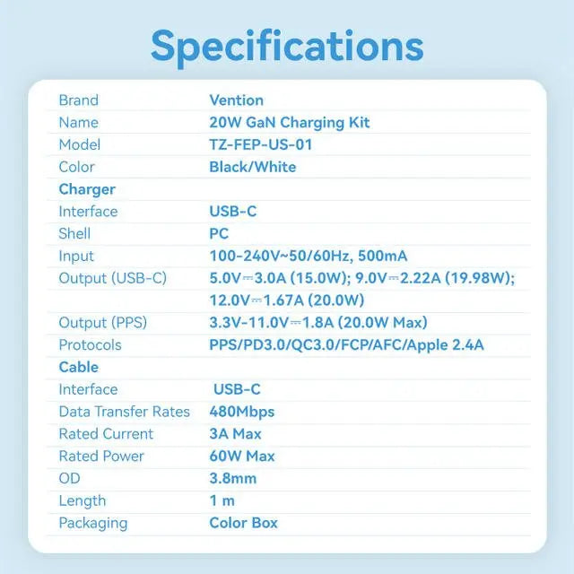 Vention 1-Port USB-C GaN Charger (20W) with USB-C to USB-C Cable (1M) US Plug - Vention