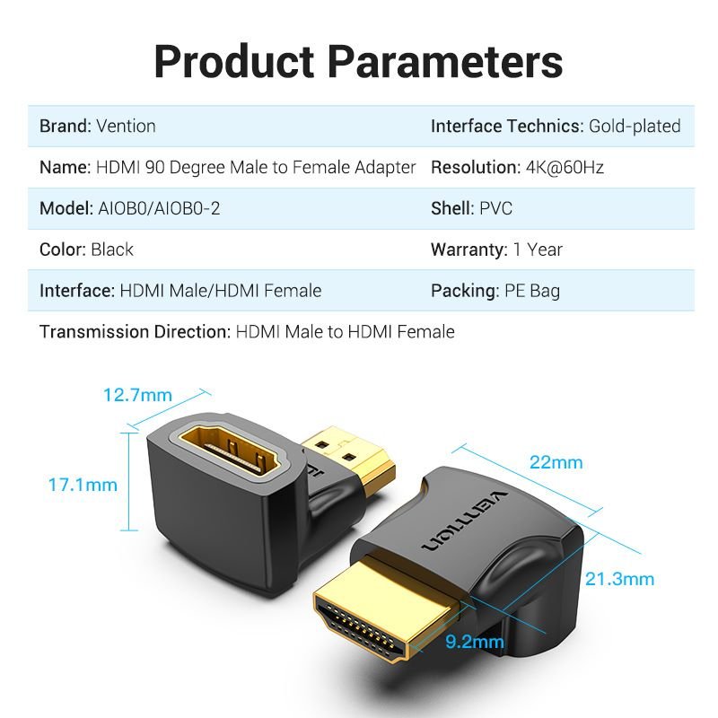 Vention HDMI™ 90 Degree Male to Female Adapter Black - Vention