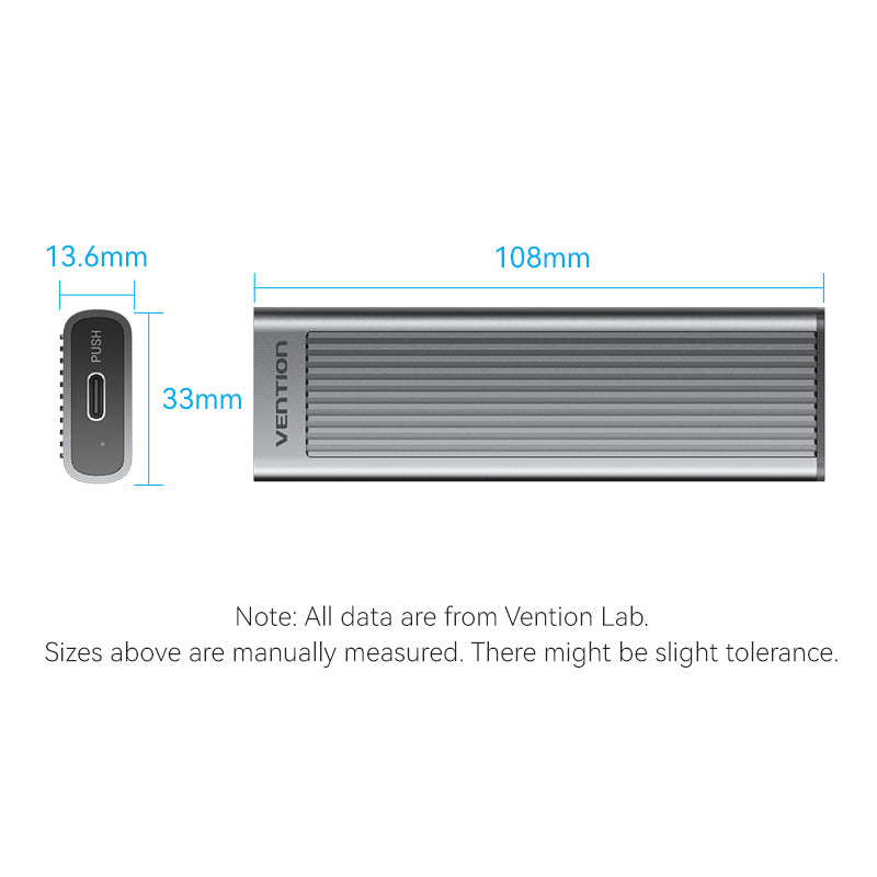 Vention M.2 NVMe SSD Enclosure (USB 3.1 Gen 2-C) with Heat Sink Gray Aluminum Alloy Type