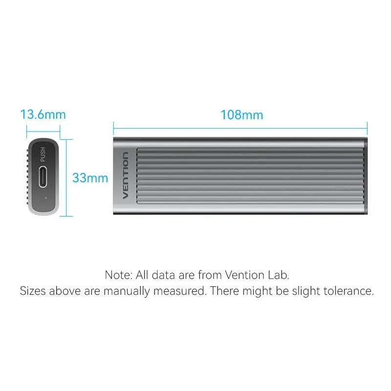 Vention M.2 NVMe SSD Enclosure (USB 3.1 Gen 2-C) with Heat Sink Gray Aluminum Alloy Type - Vention