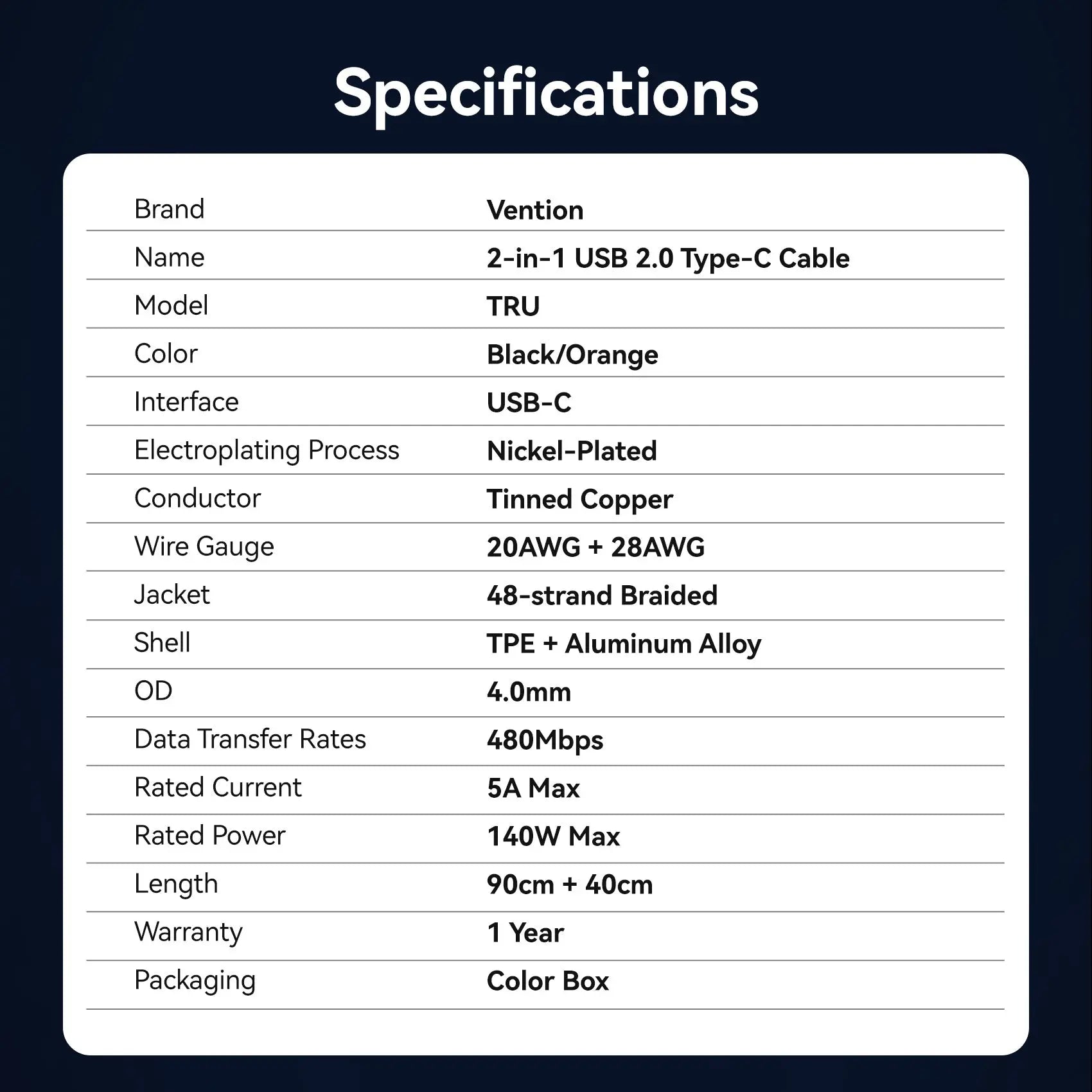 Vention USB 2.0 Type-C Male to 2 Type-C Male 5A Cable Black Aluminum Alloy Type - Vention