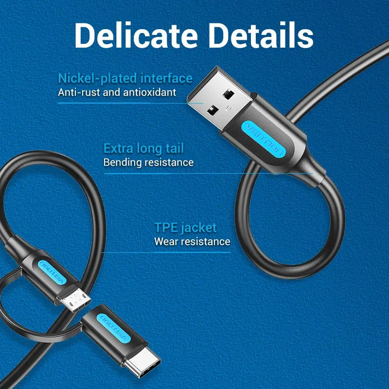 Vention USB 2.0 A Male to 2-in-1 Micro-B&USB-C Male 3A Cable - Vention