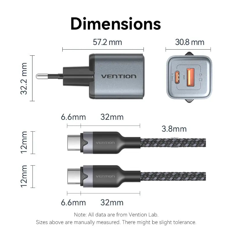 Vention 2-Port USB (C + A) GaN Charger (30W/18W) Gray with USB-C to USB-C Cable (1M) Black EU-Plug - Vention