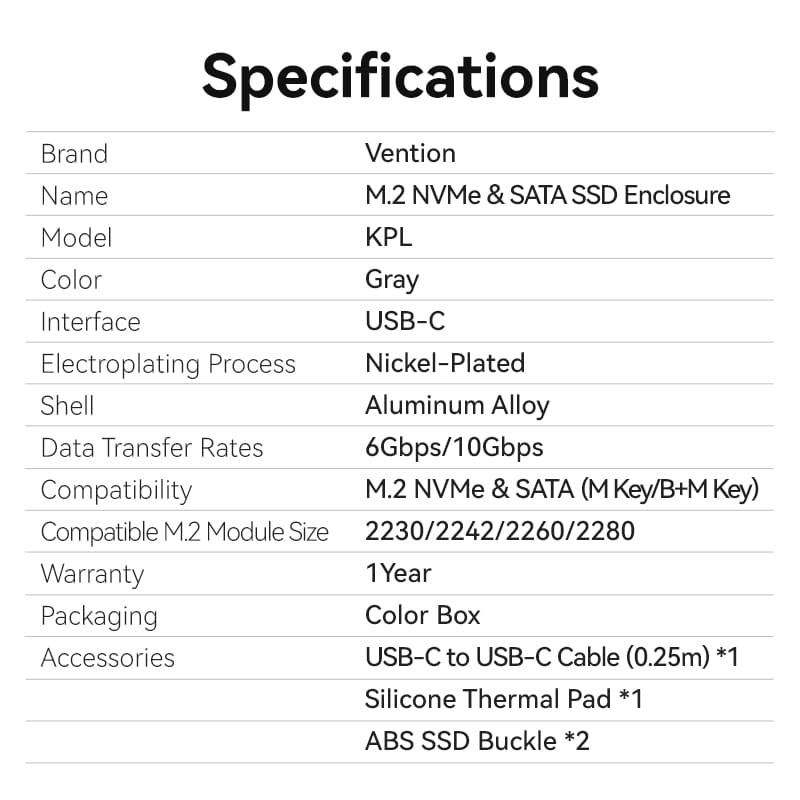 <tc>Vention</tc> M.2 NVMe & SATA SSD 硬盘盒 (USB 3.2 Gen 2-C) 带散热片 灰色铝合金材质
