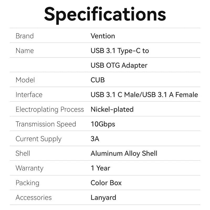 Vention USB 3.1 Type-C Male to USB Female OTG Adapter with Lanyard Aluminum Alloy Type - Vention