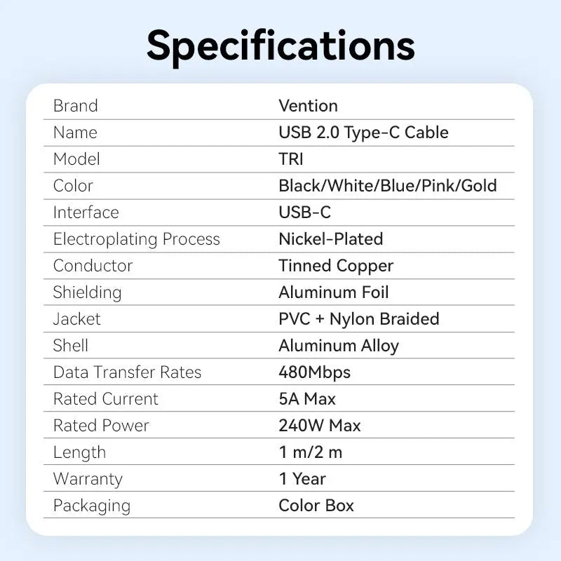 Vention USB 2.0 Type-C Male to Type-C Male 5A Cable Aluminum Alloy Type - Vention