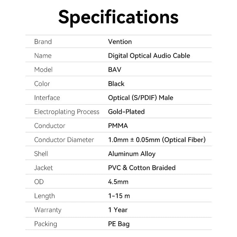 Optical Fiber Audio Cable - Vention