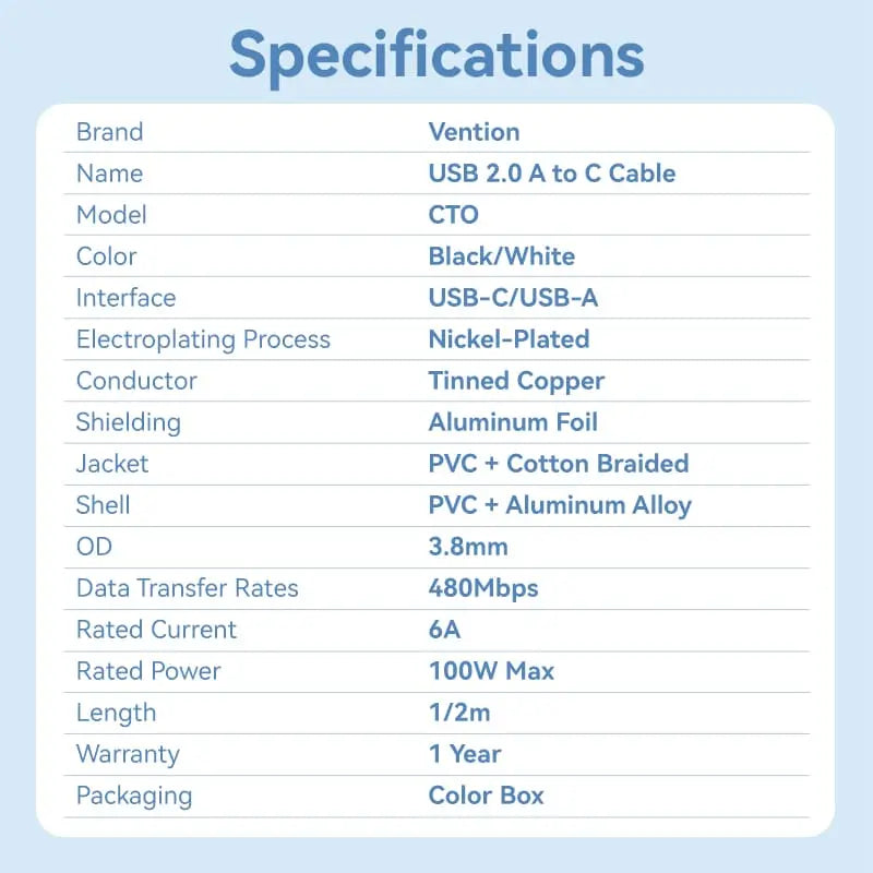 Vention USB 2.0 A Male to C Male 6A Cable Aluminum Alloy Type - Vention