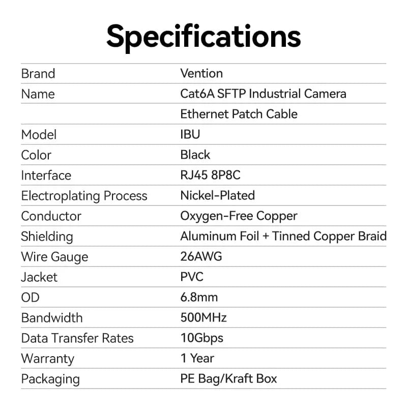Vention Cat6A SFTP Industrial Camera Ethernet Patch Cable - Vention