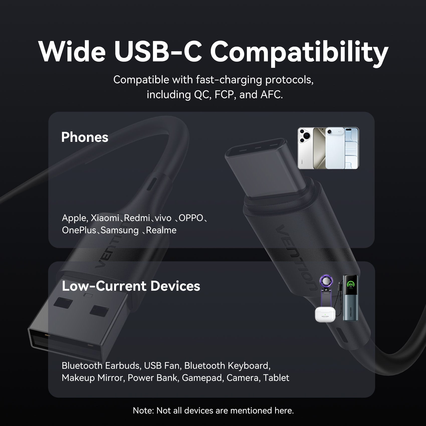 <tc>Vention</tc> Cable USB 2.0 tipo A macho a C macho 3A de 0,25 m, PVC negro.