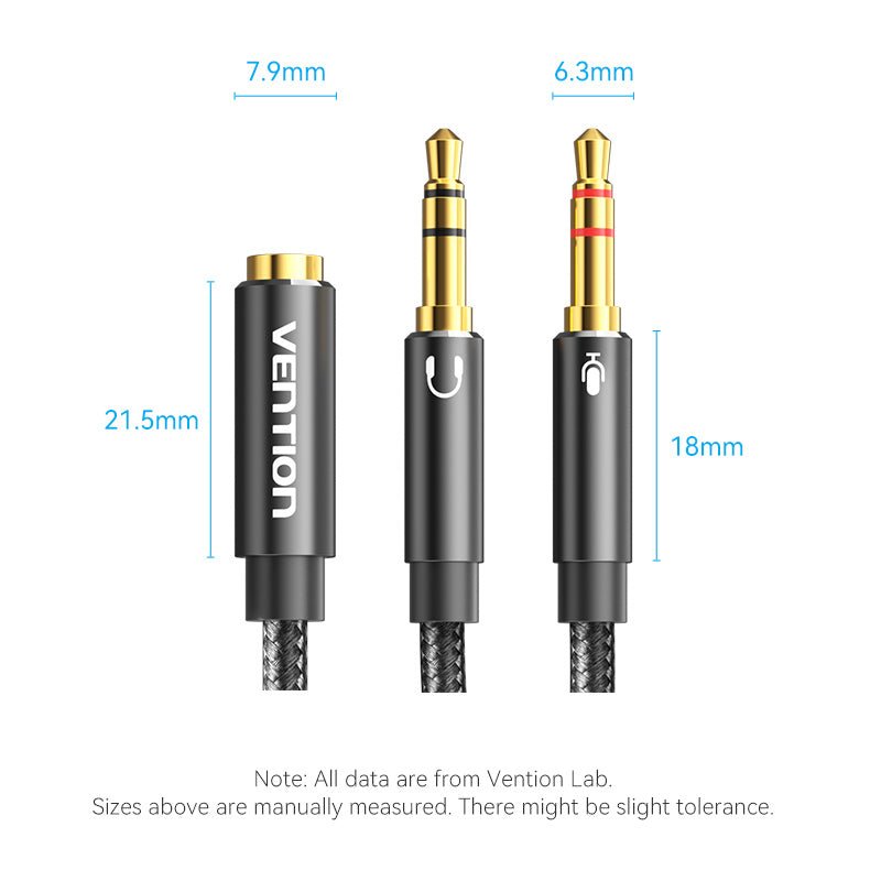 Vention Cotton Braided Dual 3.5mm TRS Male to 3.5mm Female Audio Cable 0.3M Black Aluminum Alloy Headphone Type (OMTP/CTIA) - Vention