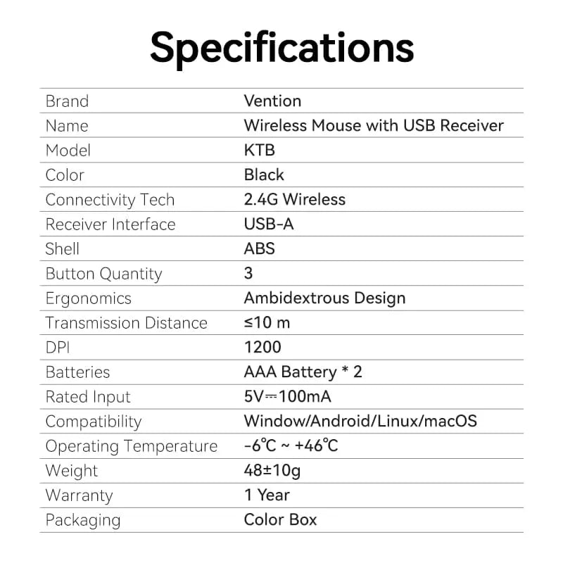 Vention 3-Button Wireless Computer Mouse with USB Receiver Black - Vention