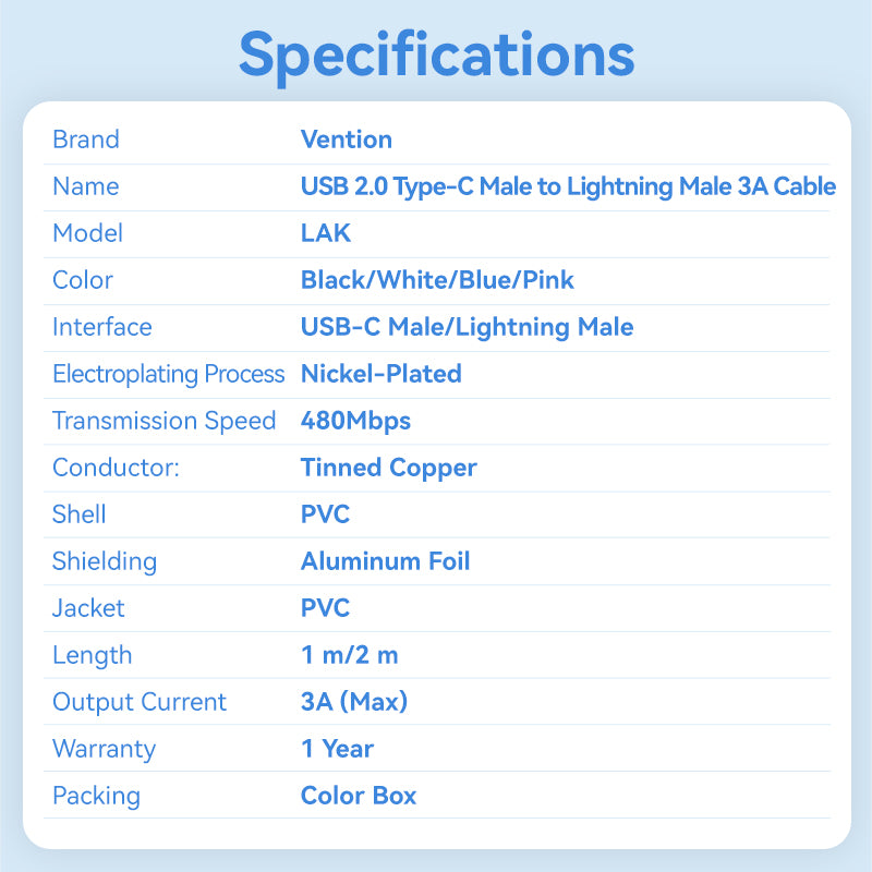USB 2.0 Type-C Male to Lightning Male 3A Cable