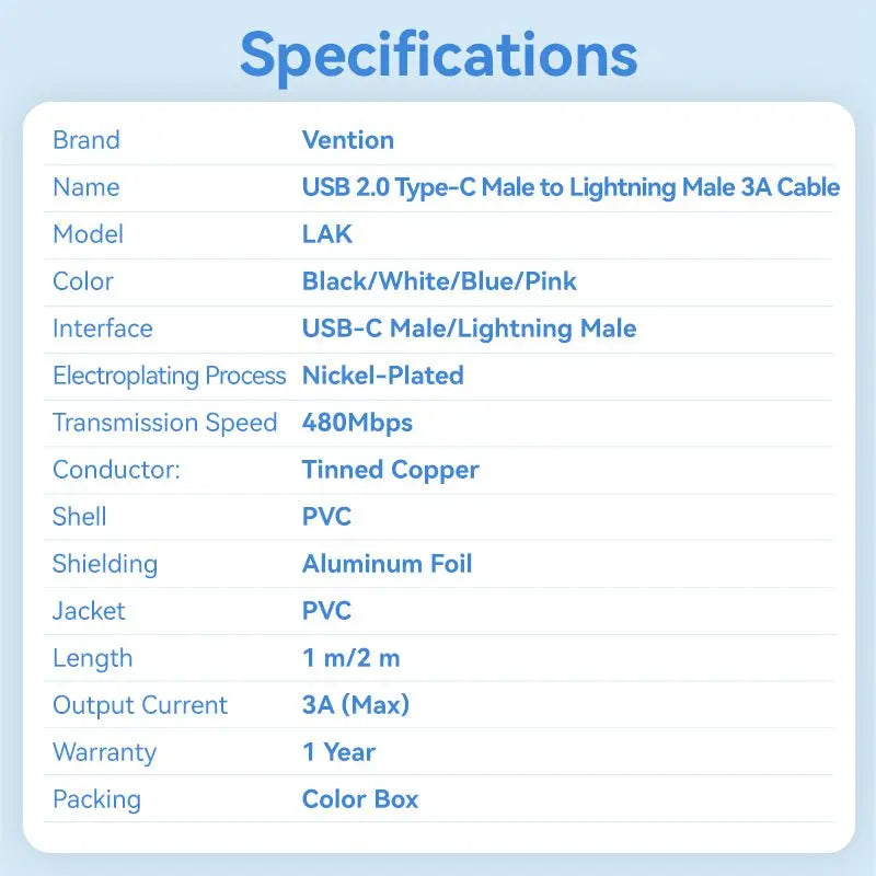 Vention USB 2.0 Type-C Male to Lightning Male 3A Cable PVC Type - Vention