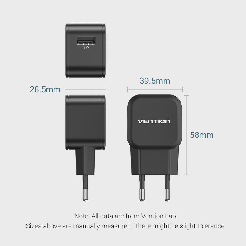 Vention 1-Port USB Wall Charger (18W) EU-Plug Black - Vention