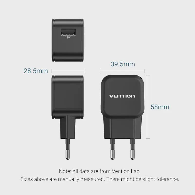 Vention 1-Port USB Wall Charger (18W) EU-Plug Black - Vention