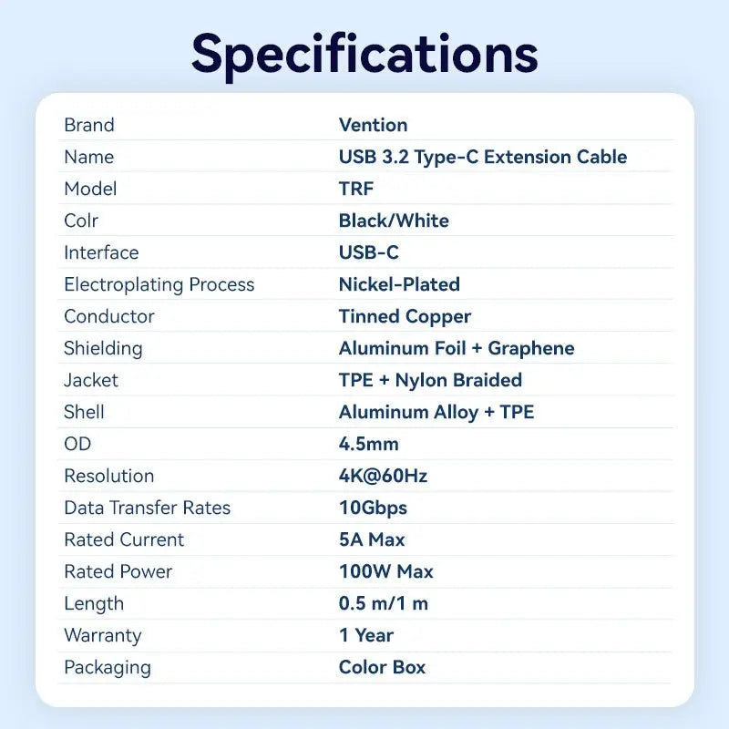 Vention USB 3.2 Gen2 C Male to C Female 10Gbps Extension Cable Aluminum Alloy Type - Vention