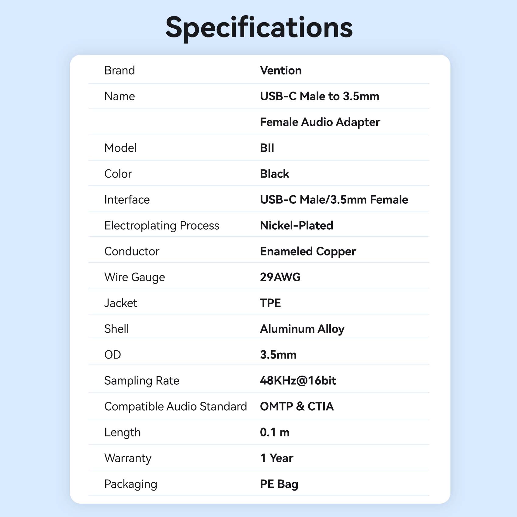 Vention USB-C Male to 3.5mm Female Audio Adapter