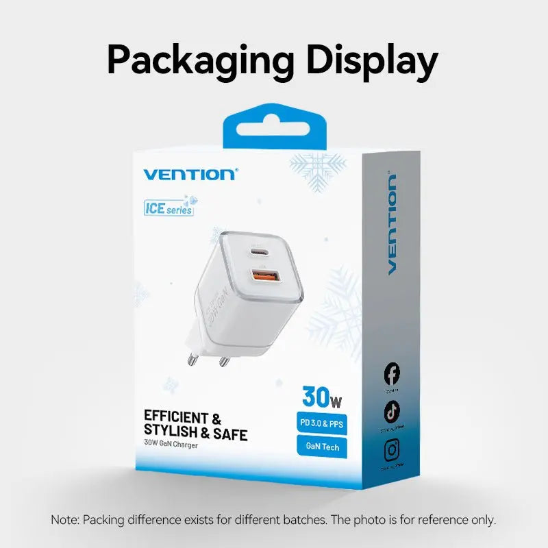 Vention 2-Port USB (C + A) GaN Charger (30W/30W) EU-Plug - Vention