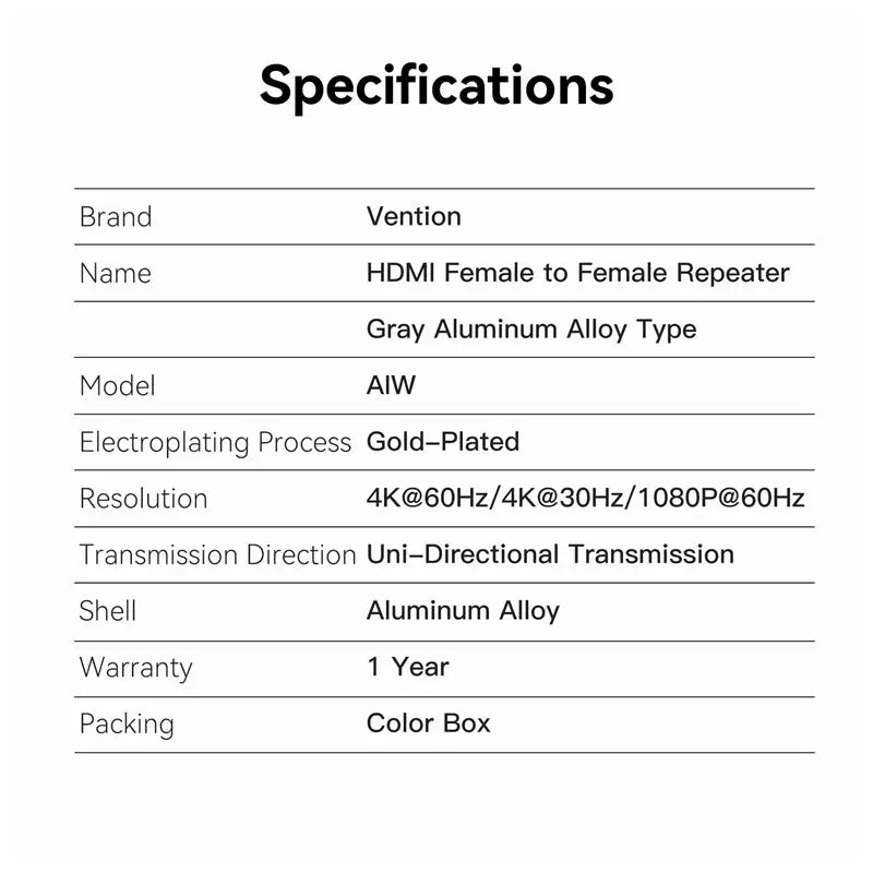 Vention HDMI™ Female to Female Repeater Gray Aluminum Alloy Type - Vention