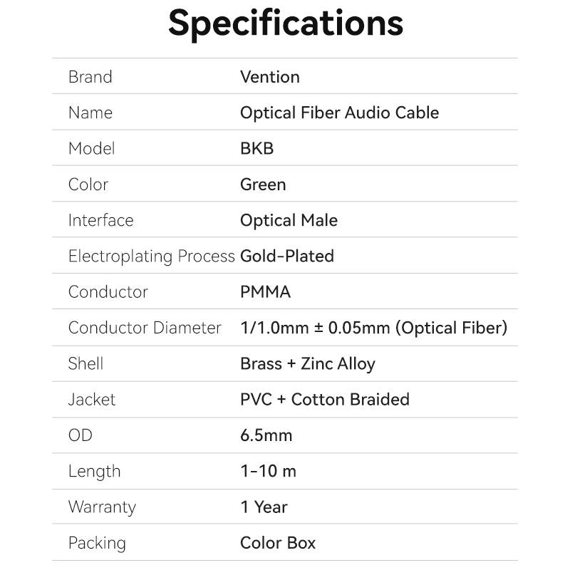 Vention Cotton Braided Optical Fiber Audio Cable 1/1.5/2/3/5/10M Green Copper Type