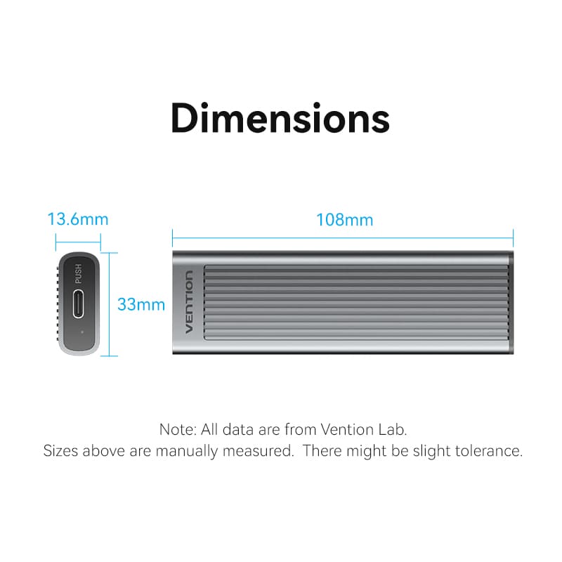 <tc>Vention</tc> M.2 NVMe & SATA SSD 硬盘盒 (USB 3.2 Gen 2-C) 带散热片 灰色铝合金材质