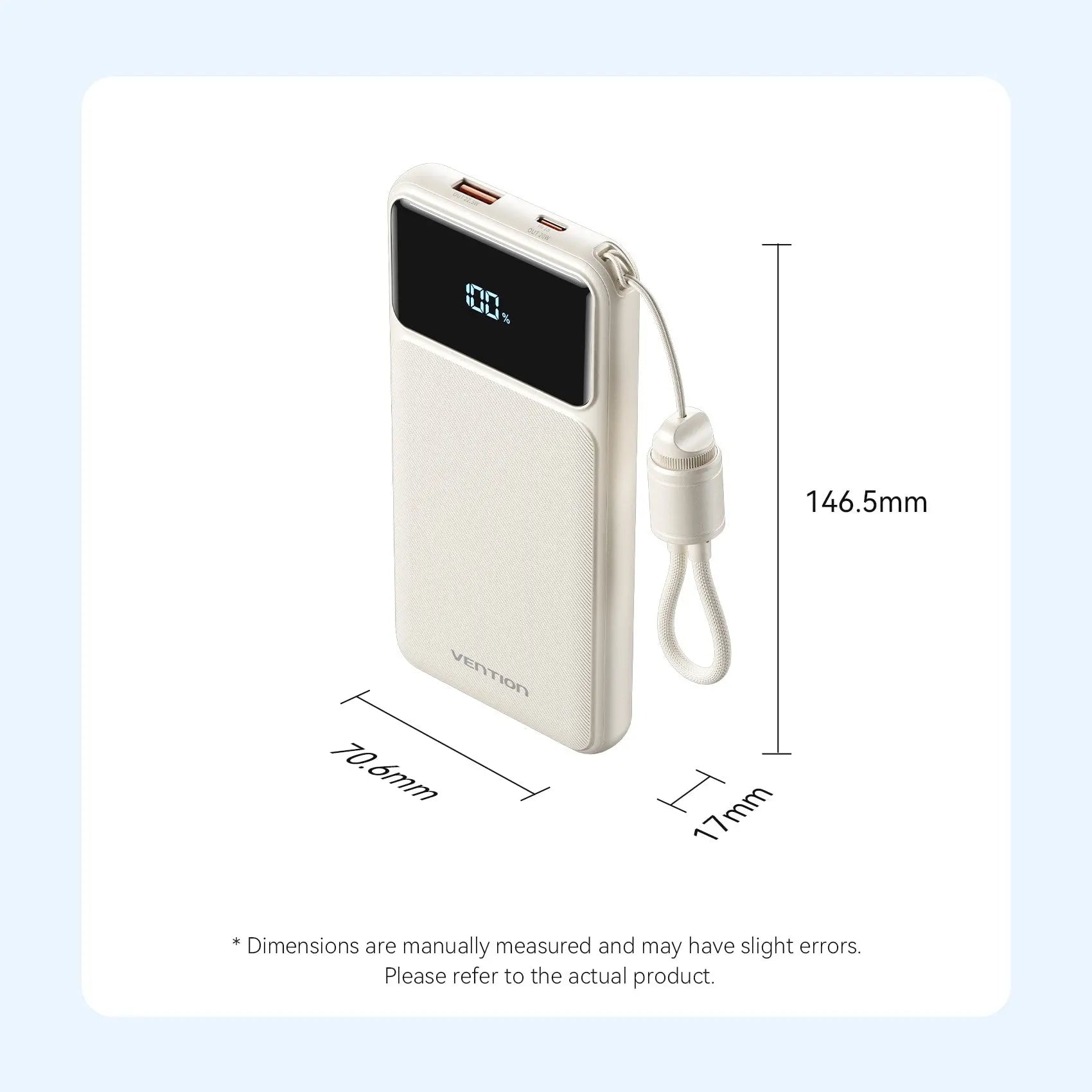 Vention 10000mAh Power Bank (USB-C + USB-A) with Built-in Cable 22.5W LED Display Type - Vention