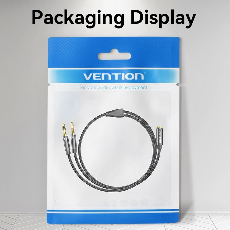 Vention Cotton Braided Dual 3.5mm TRS Male to 3.5mm Female Audio Cable 0.3M Black Aluminum Alloy Headphone Type (OMTP/CTIA) - Vention