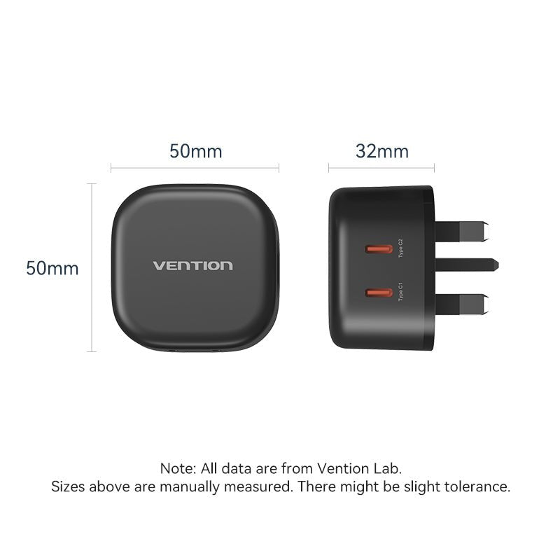 Vention 2-Port USB (C + C) GaN Charger (45W/45W) UK-Plug Black - Vention