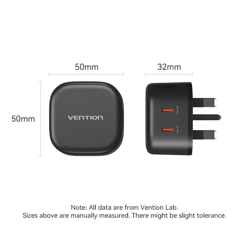 Vention 2-Port USB (C + C) GaN Charger (45W/45W) UK-Plug Black - Vention