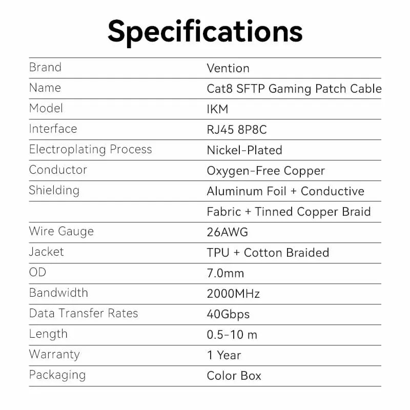 Cat8 SFTP Gaming Patch Cable - Vention