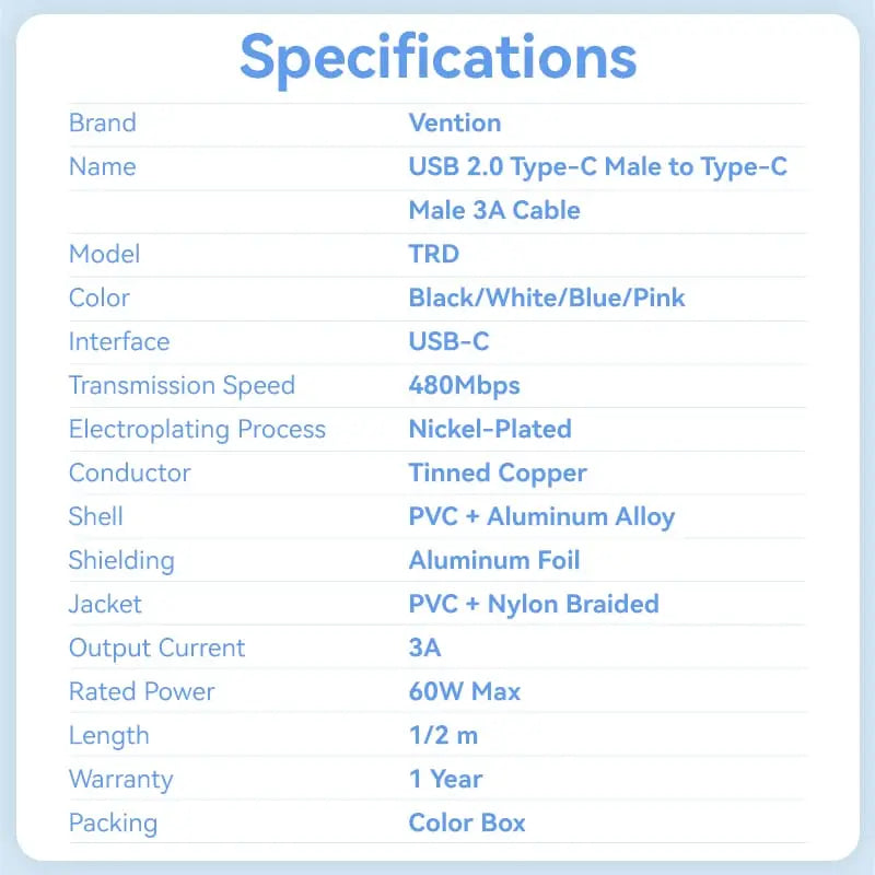 Vention USB 2.0 Type-C Male to Type-C Male 3A Cable Aluminum Alloy Type - Vention