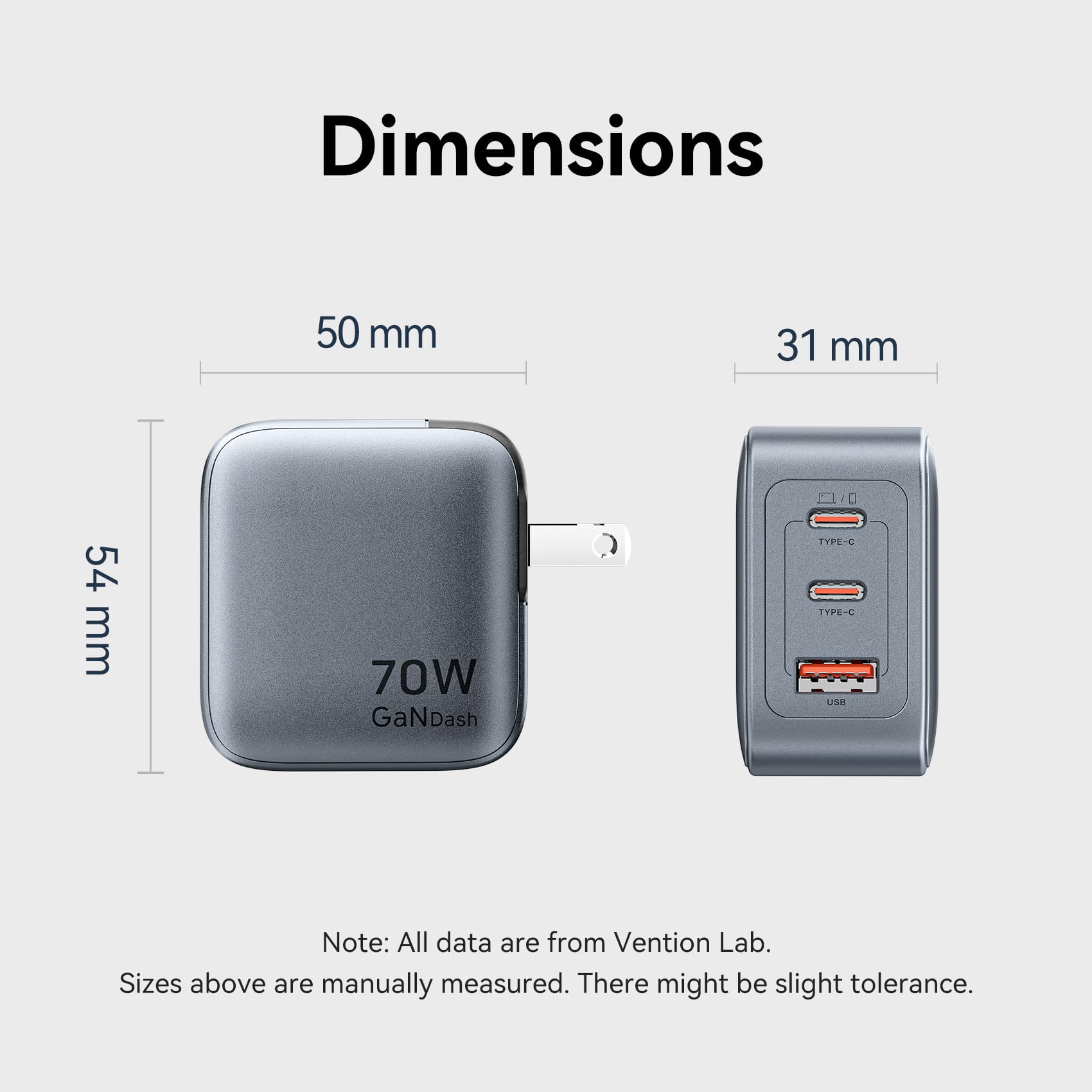 <tc>Vention</tc> Cargador GaN de 3 puertos USB (C+C+A) (70W/70W/22.5W) Enchufe estadounidense Gris