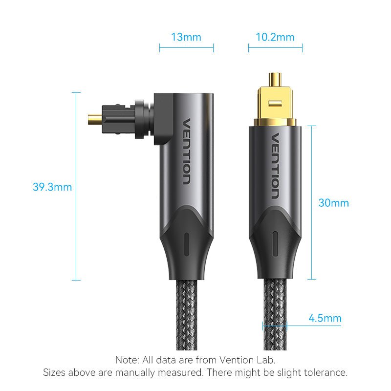 Vention 90-Degree Optical Audio Cable 0.5/1/1.5/2/3/5/10M Black Aluminum Alloy Type - Vention