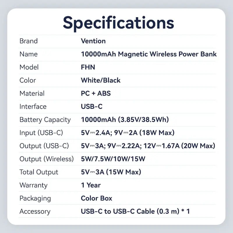 Vention 10000mAh Magnetic Wireless Power Bank 20W - Vention