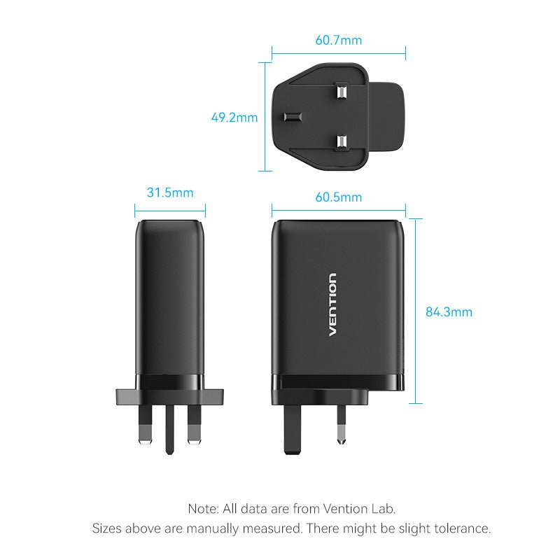 Vention 3-Port USB (C+C+A) GaN Charger (100W/65W/30W) UK-Plug - Vention