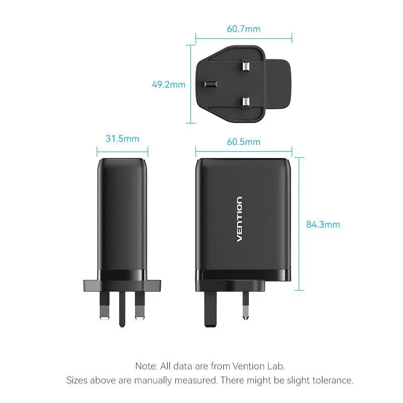 Vention 3-Port USB (C+C+A) GaN Charger (100W/65W/30W) UK-Plug - Vention