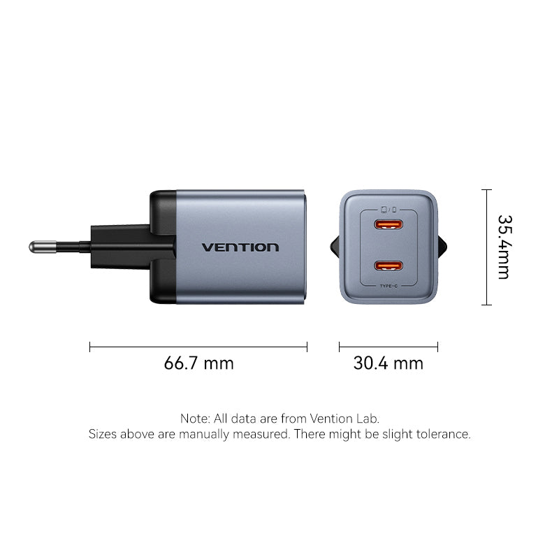 <tc>Vention</tc> Charger GaN USB (C + C) 2 Port (45W/45W) Steker EU Abu-abu