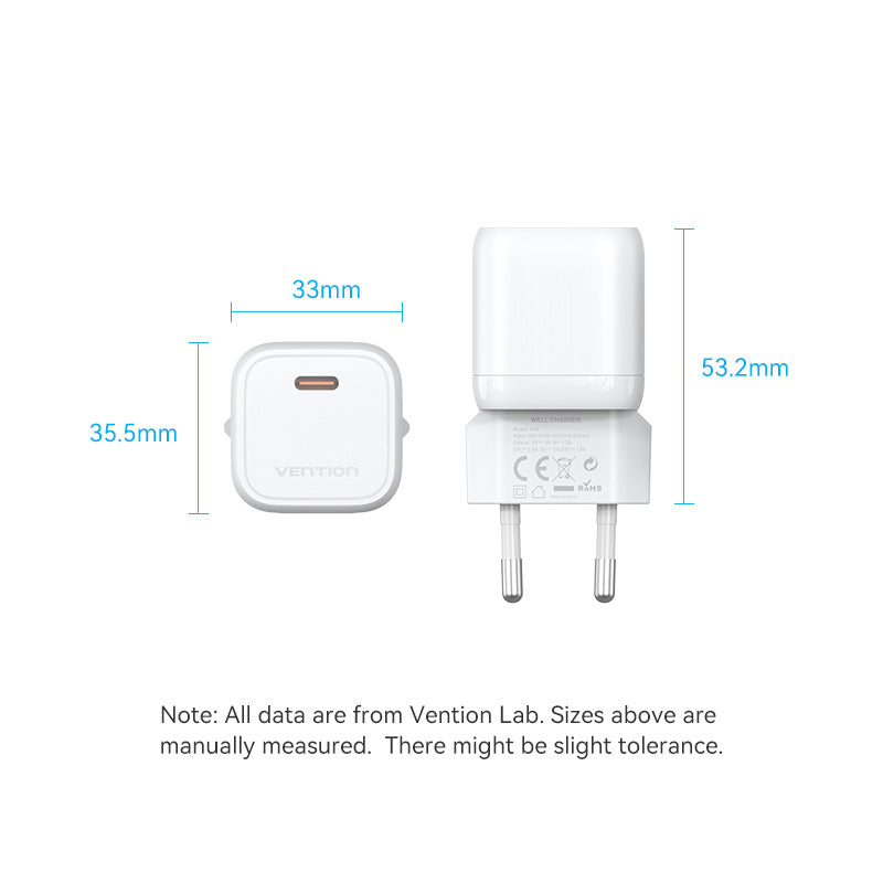 <tc>Vention</tc> Cargador GaN USB-C de 1 puerto y 30 W con enchufe europeo.