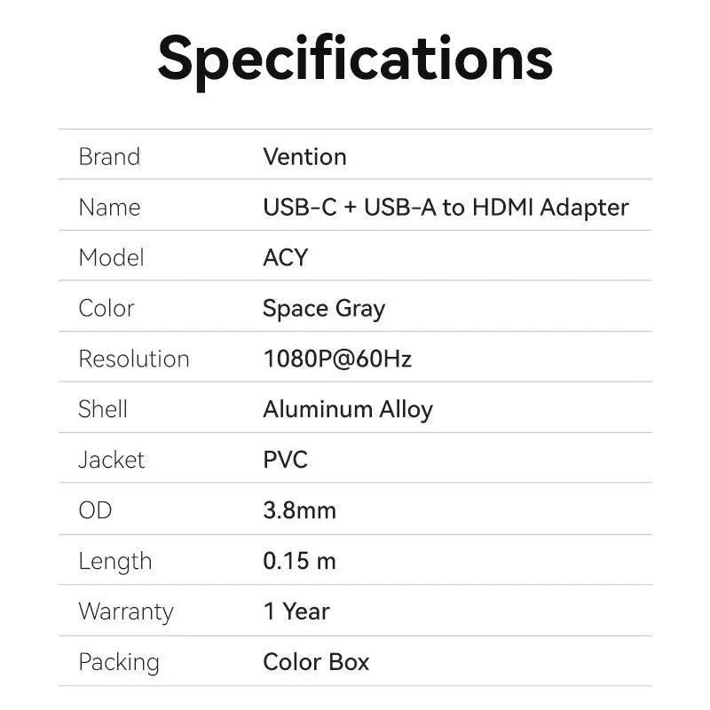 Vention USB-C + USB-A to HDMI™ Adapter 0.15M Gray Aluminium Alloy Type - Vention