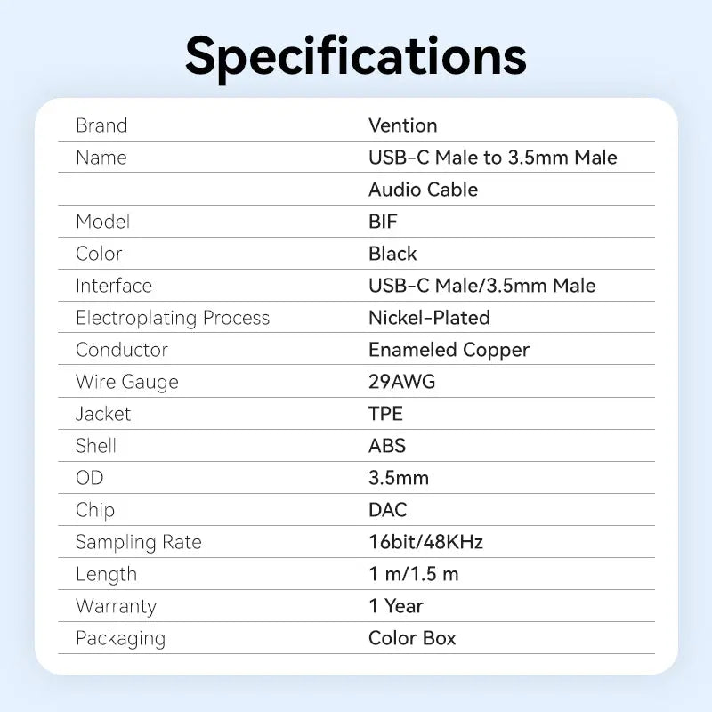 Vention USB-C Male to 3.5mm Male Audio Cable with DAC Adapter ABS Type - Vention