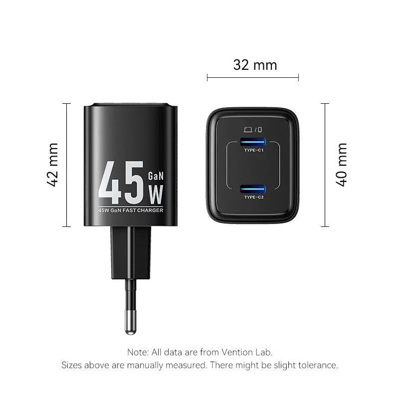 Vention 2-Port USB (C + C) GaN Charger (45W/45W) EU-Plug Black - Vention