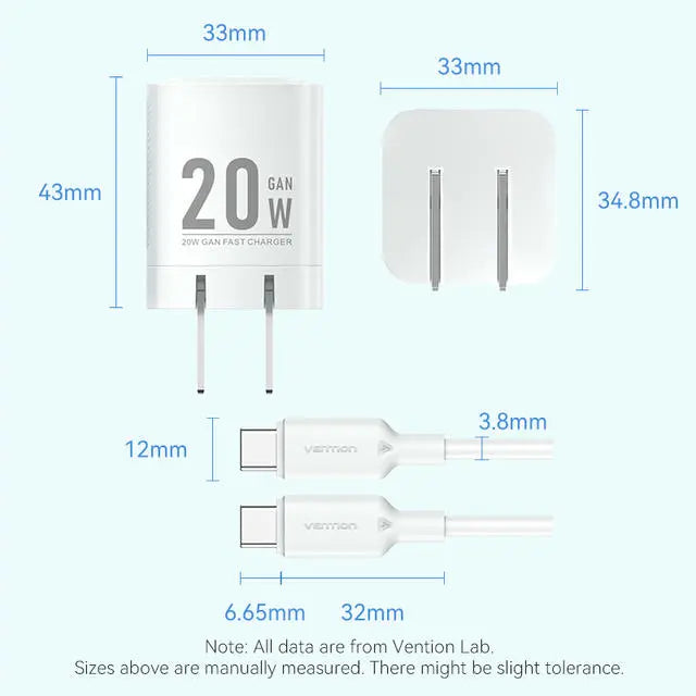 Vention 1-Port USB-C GaN Charger (20W) with USB-C to USB-C Cable (1M) US Plug - Vention