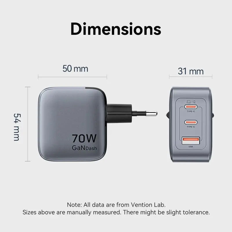 Vention 3-Port USB (C+C+A) GaN Charger (70W/70W/22.5W) EU-Plug - Vention