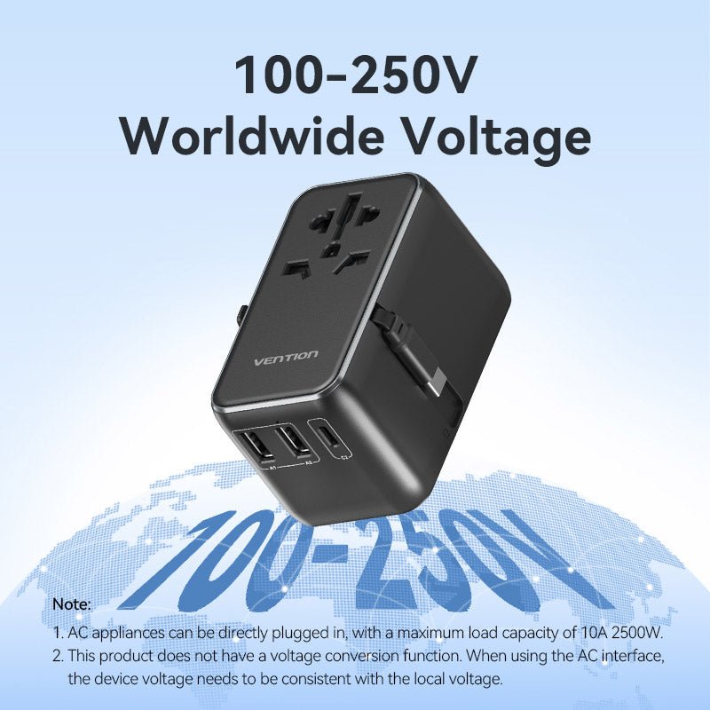 Vention 3-Port USB (C + A + A) GaN Universal Travel Adapter (65W/60W/5W) with Built-in USB-C Cable Black - Vention