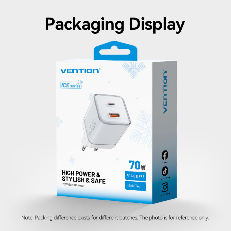 <tc>Vention</tc> Cargador GaN de 2 puertos USB (C + A) (70 W/22,5 W) Enchufe europeo Gris transparente