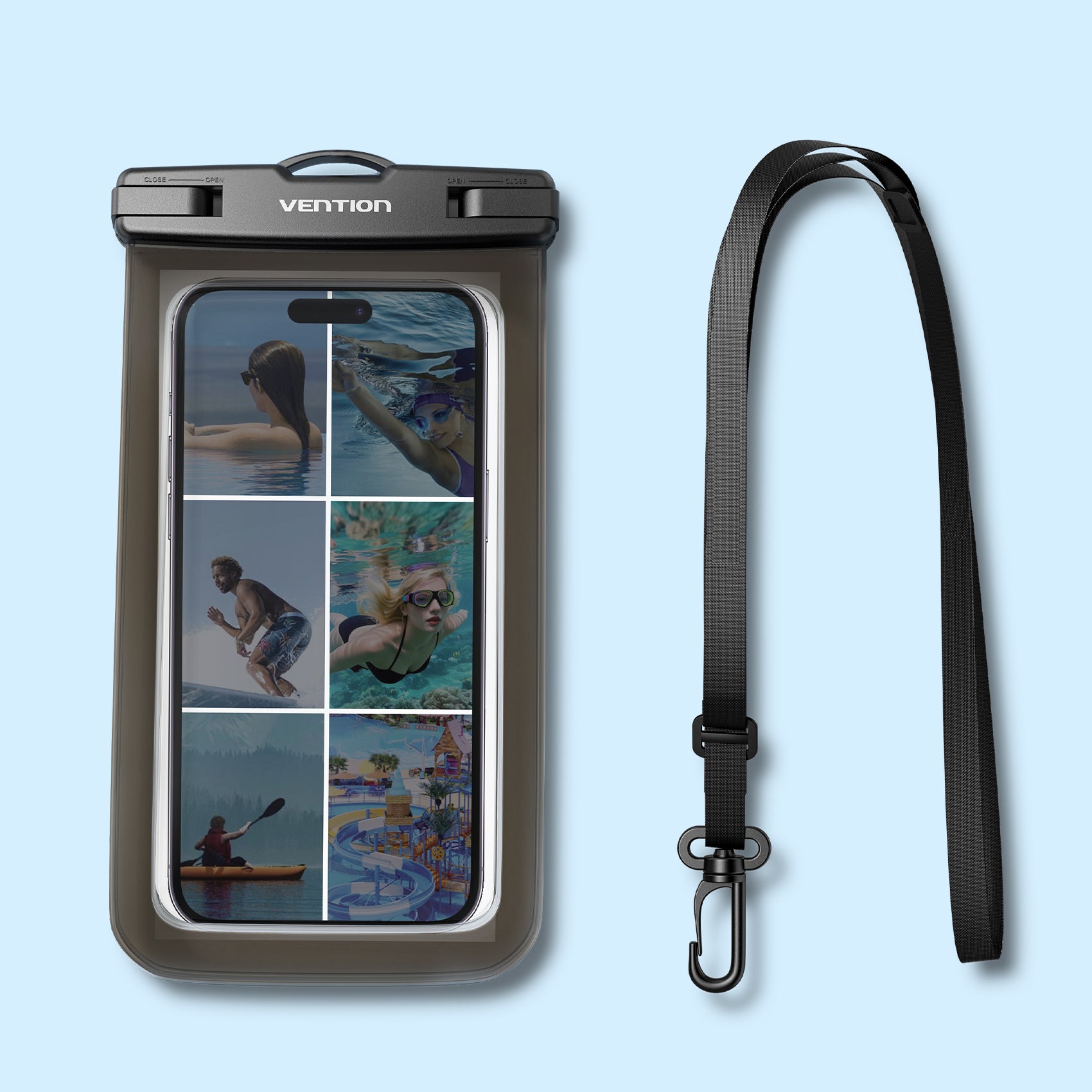 <tc>Vention</tc> Funda transparente impermeable para teléfono de 7,2 pulgadas con cierre de seguridad, color negro.