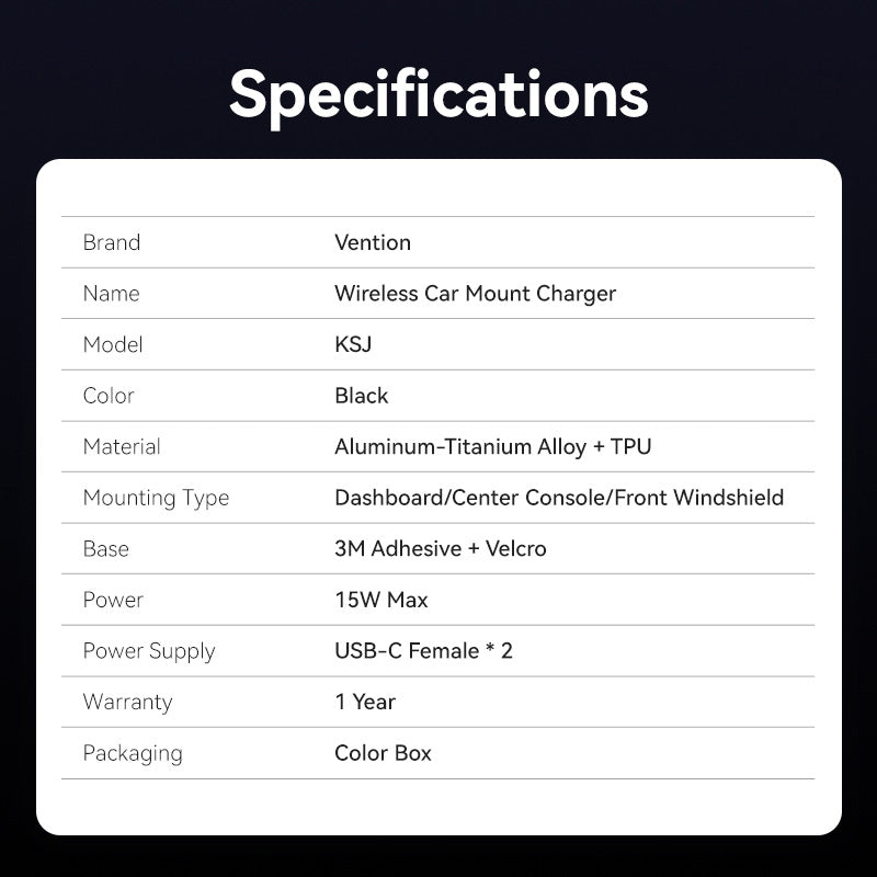 <tc>Vention</tc> Chargeur sans fil pour voiture