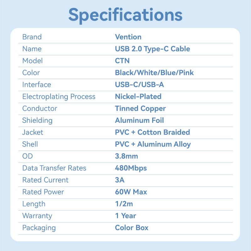 Vention USB 2.0 A Male to C Male 3A Cable Aluminum Alloy Type - Vention